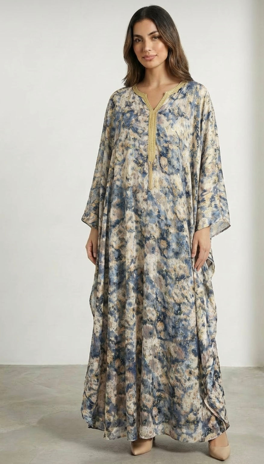 Front Tassel Blue Oversized/Batwing Print Maxi Dresse one size