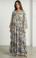 Front Tassel Blue Oversized/Batwing Print Maxi Dresse one size