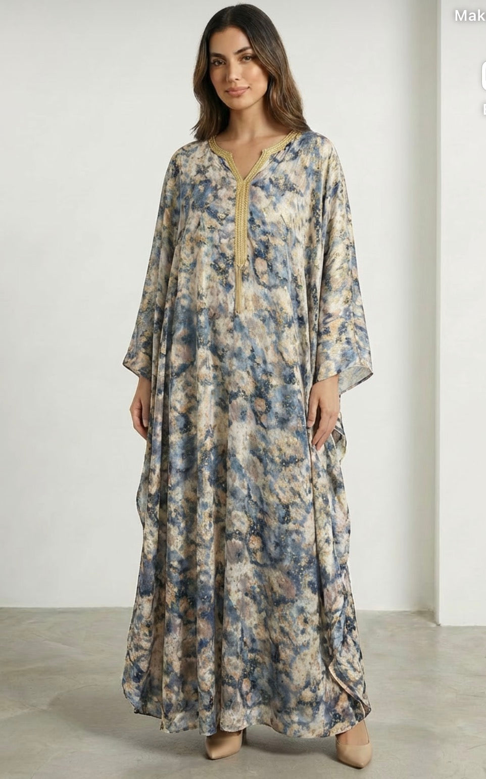 Front Tassel Blue Oversized/Batwing Print Maxi Dresse one size