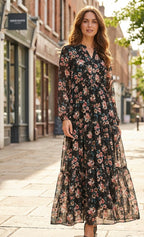 Black Blossom Chiffon Ruffle Maxi Dress