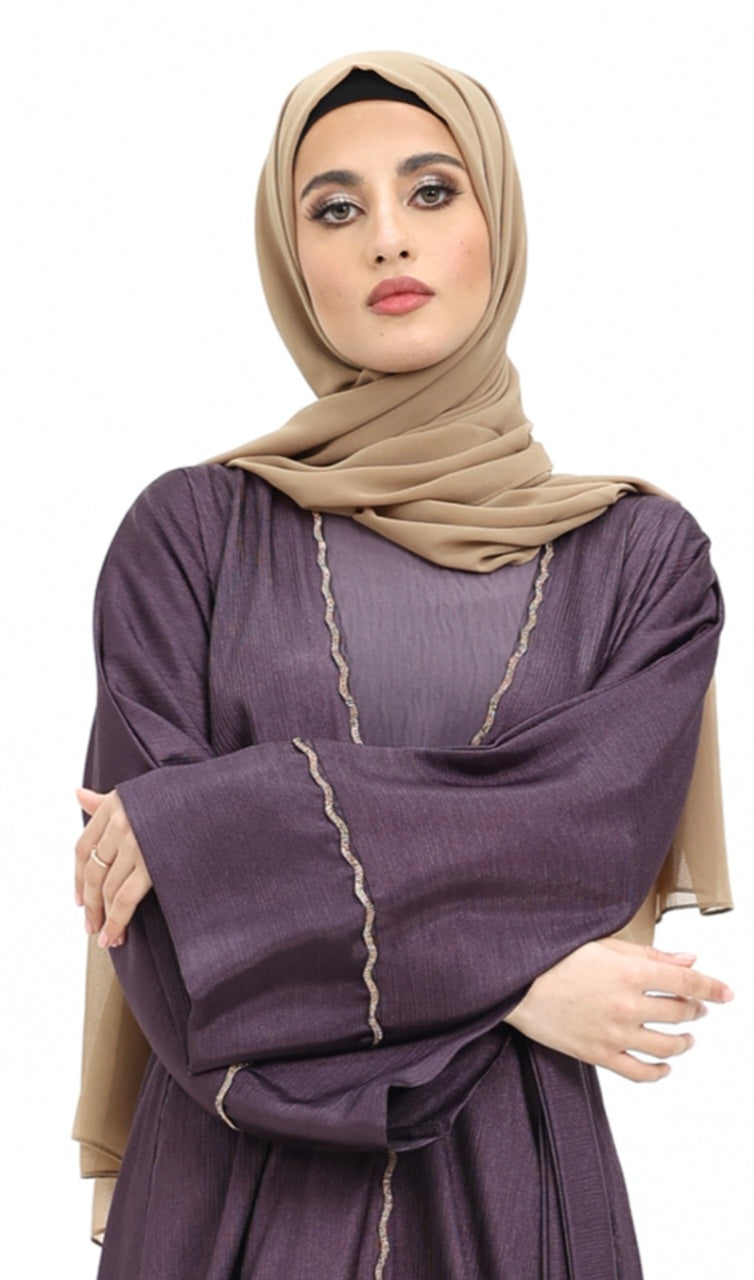 3 piece Satin Crape Abaya with Golden Trim (Purple)