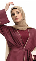 3 piece Satin Crape Abaya with Golden Trim (Cherry Red/Maroon)