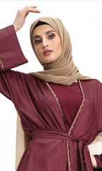 3 piece Satin Crape Abaya with Golden Trim (Cherry Red/Maroon)