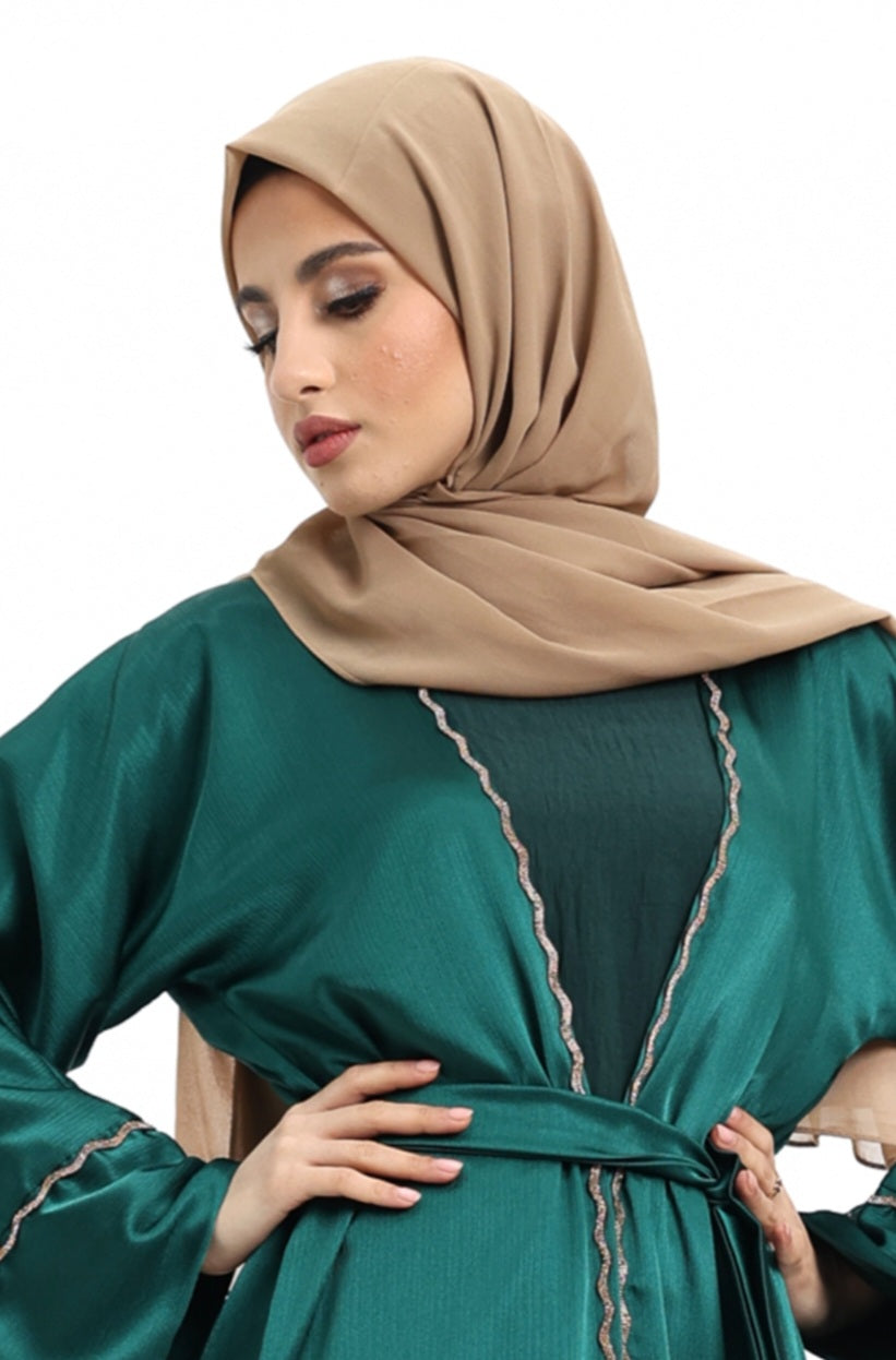 3 piece Satin Crape Abaya with Golden Trim (Bottle Green)