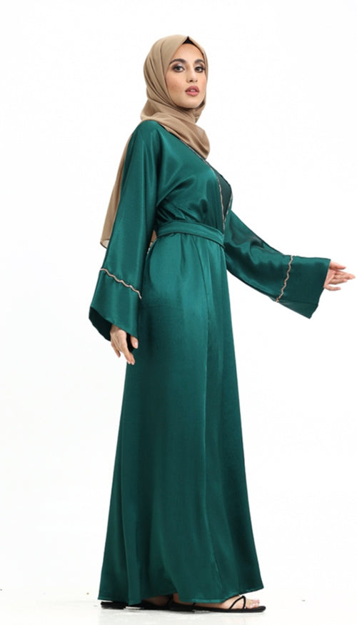 3 piece Satin Crape Abaya with Golden Trim (Bottle Green)