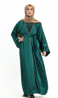 3 piece Satin Crape Abaya with Golden Trim (Bottle Green)