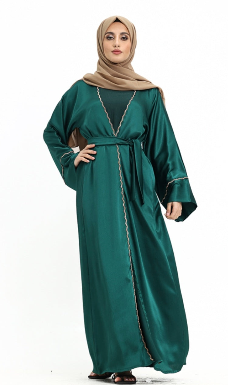 3 piece Satin Crape Abaya with Golden Trim (Bottle Green)