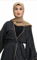 3 piece Satin Crape Abaya with Golden Trim (Black)