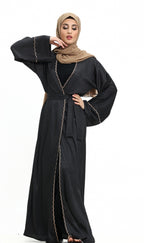 3 piece Satin Crape Abaya with Golden Trim (Black)