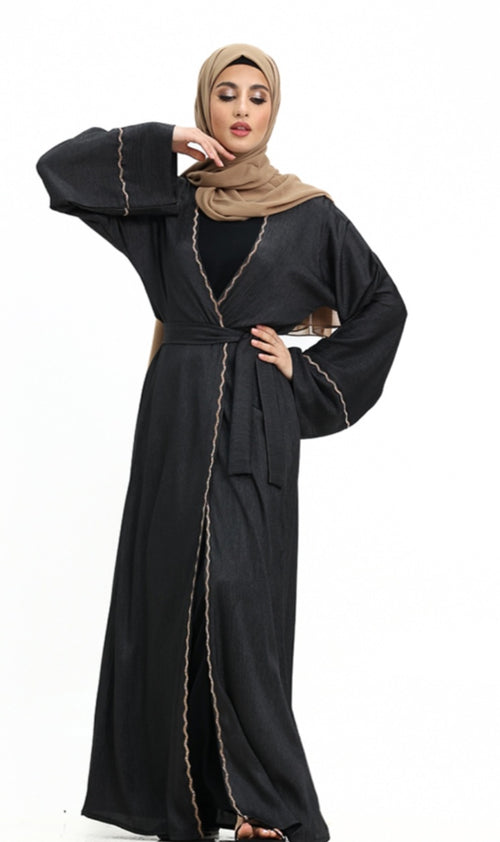 3 piece Satin Crape Abaya with Golden Trim (Black)