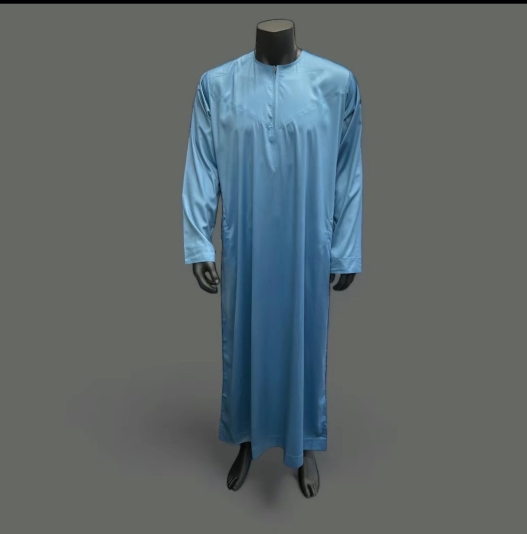 Shiny Sky Blue Omani -- Men's Style Thobe/Jubbah