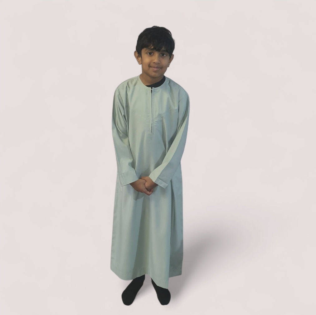 Mint Green Cotton Boys Thobe Omani Style Traditional Islamic Clothing for Kids