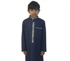 Boys Embroidered Collared Thobe Navy with White Trim and Elegant Arabic Design