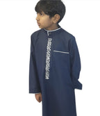 Boys Embroidered Collared Thobe Navy with White Trim and Elegant Arabic Design