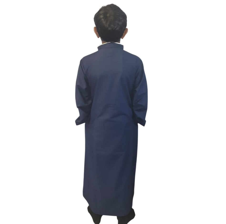 Boys Embroidered Collared Thobe Navy with White Trim and Elegant Arabic Design
