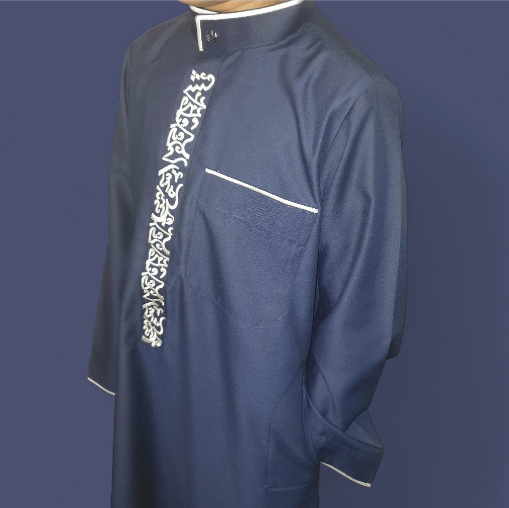 Boys Embroidered Collared Thobe Navy with White Trim and Elegant Arabic Design